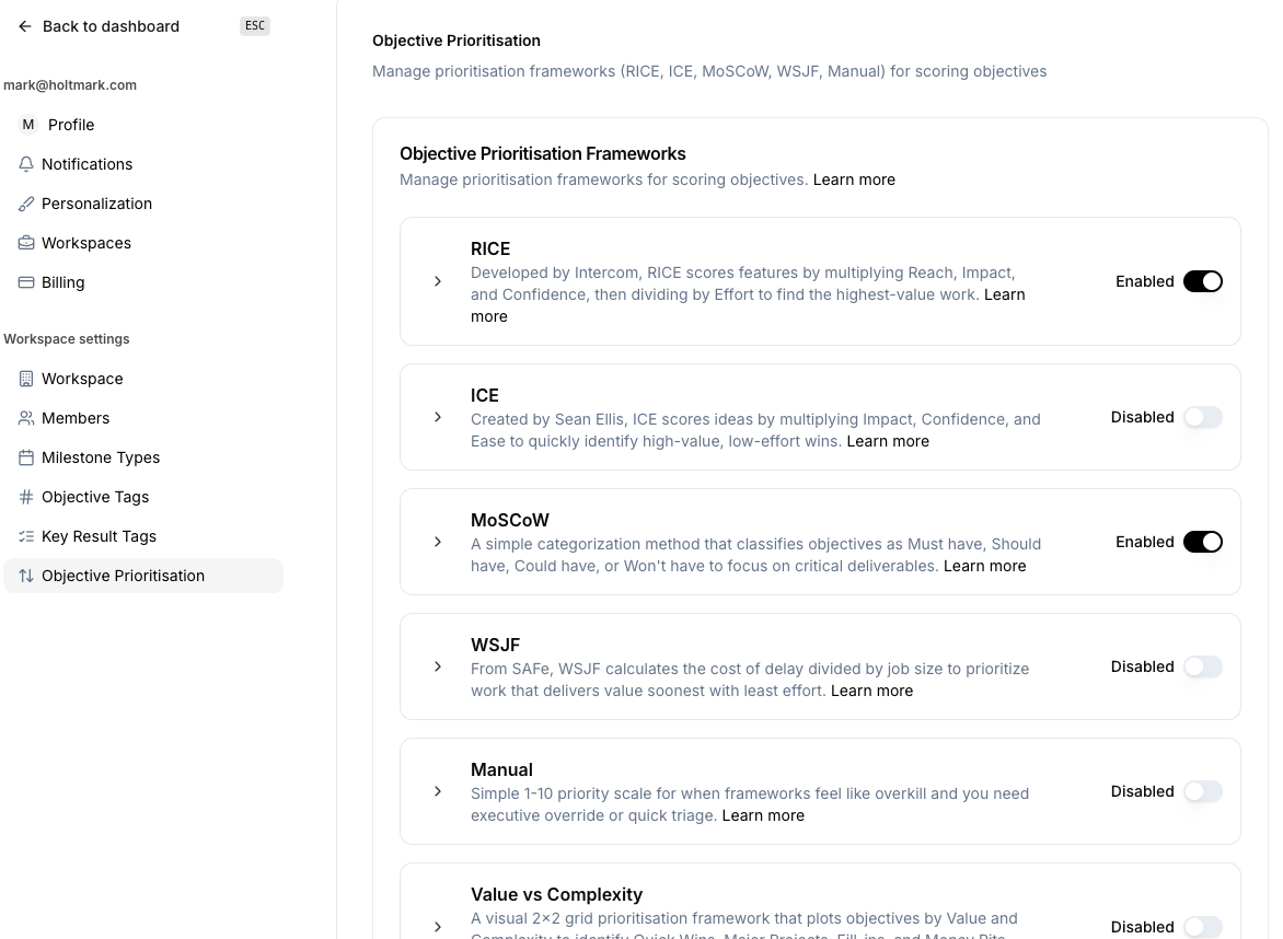 Objective Prioritisation with 15 Frameworks