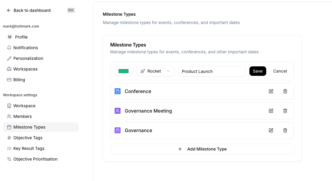 Milestone Types Settings Page