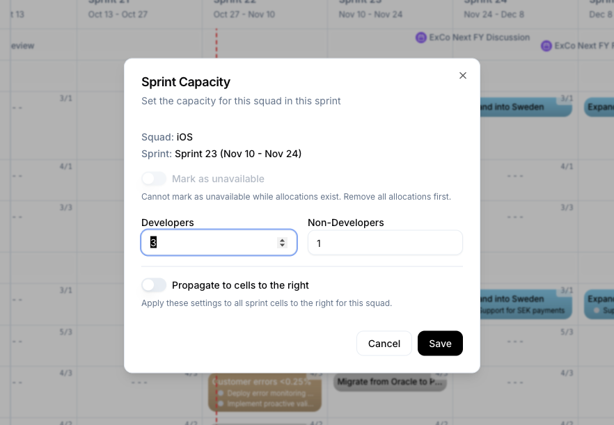 WIP Capacity Edit Modal