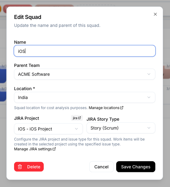 Edit Squad Modal with JIRA Configuration