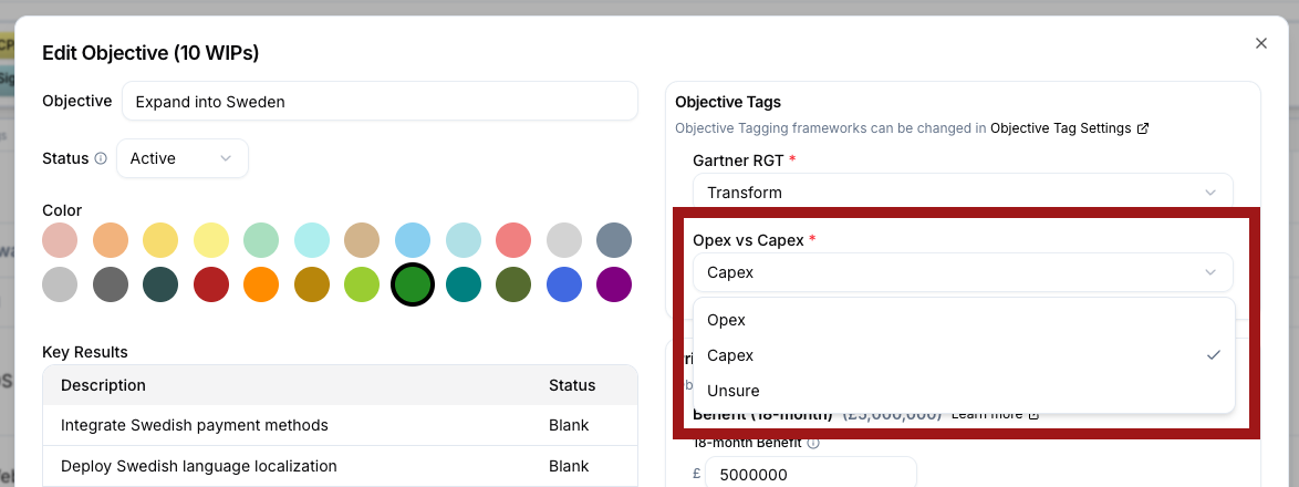 Tagging an Objective as Opex, Capex, or Unsure